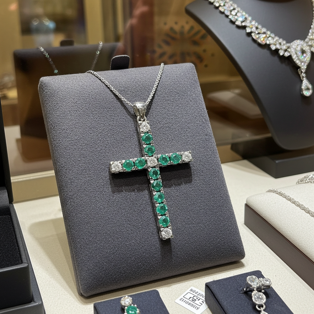 Ciondolo croce in oro bianco e smeraldo e diamanti naturali 2.96ct
