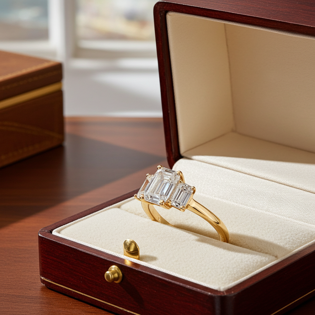 Anello trilogy in oro giallo 18k e diamanti naturali taglio smeraldo 3.03ct