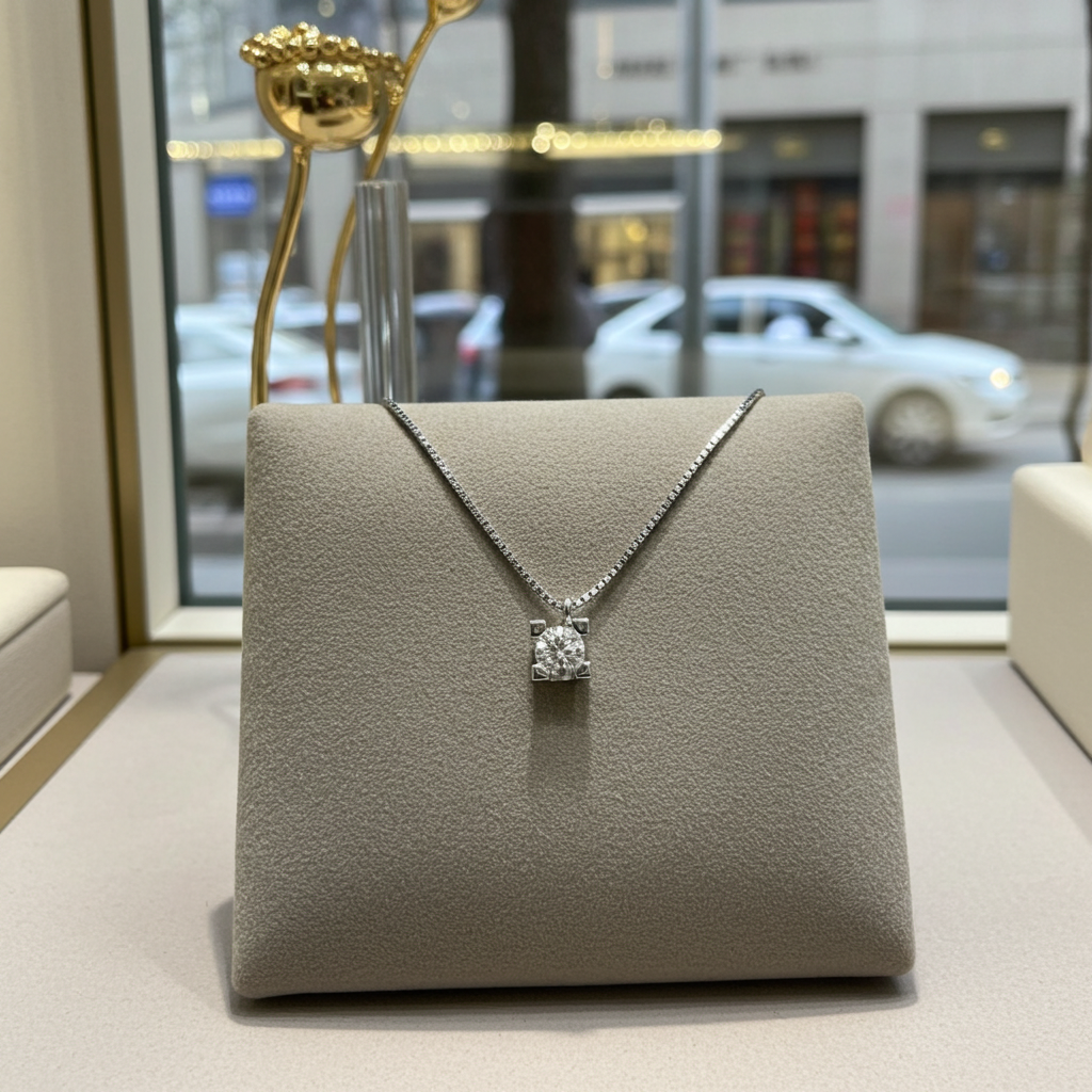 Collana punto luce certificato HRD in oro bianco con diamante naturale 0,20 ct F VVS1