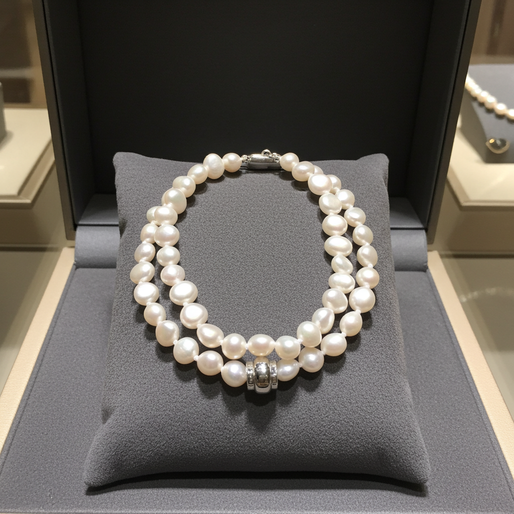 bracciale in oro bianco 18k e 2 fila di perla naturale australiane di 8 mm