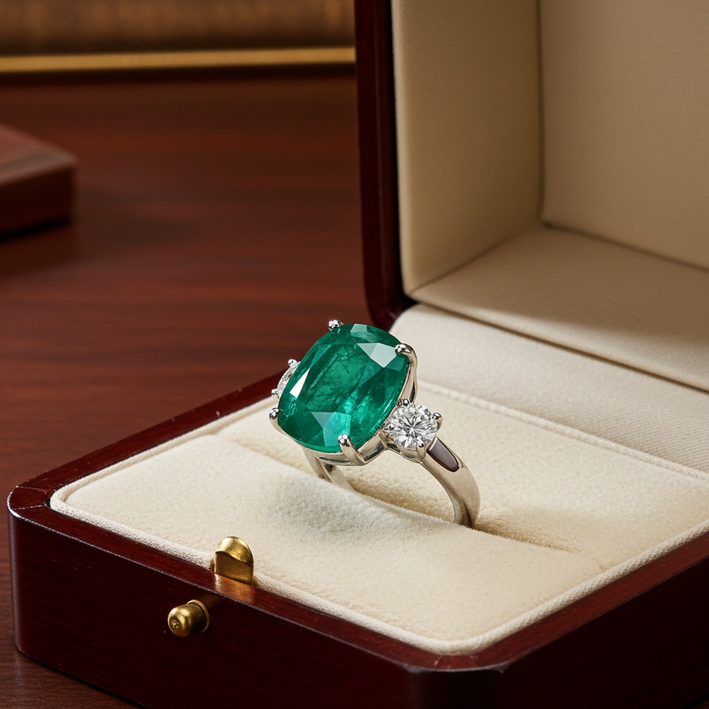 Anello trology in oro bianco e smeraldo 7.30 ct  e diamanti naturali 0.50ct