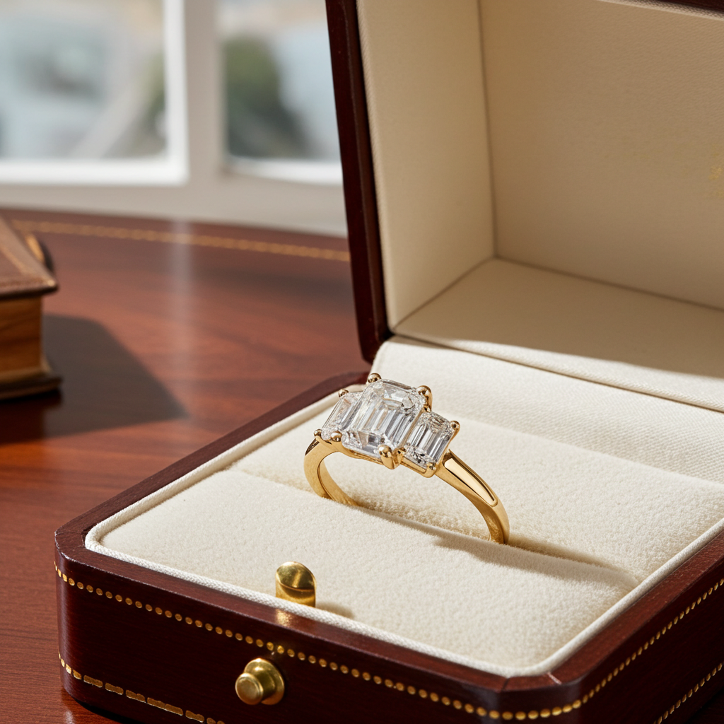 Anello trilogy in oro giallo 18k e diamanti naturali taglio smeraldo 3.03ct