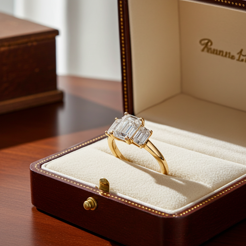 Anello trilogy in oro giallo 18k e diamanti naturali taglio smeraldo 3.03ct