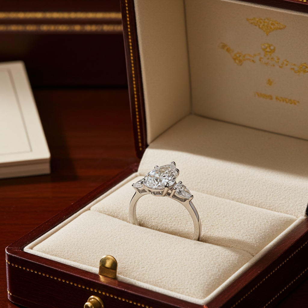 Anello trilogy in oro bianco e diamanti naturali taglio pera 3.10ct