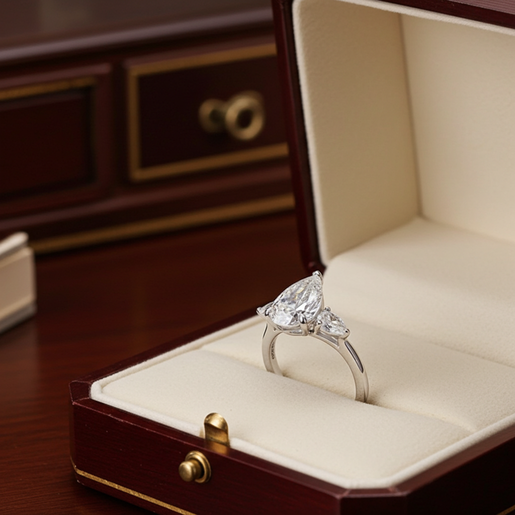 Trilogy ring in white gold with natural pear-cut diamonds 3.10ct