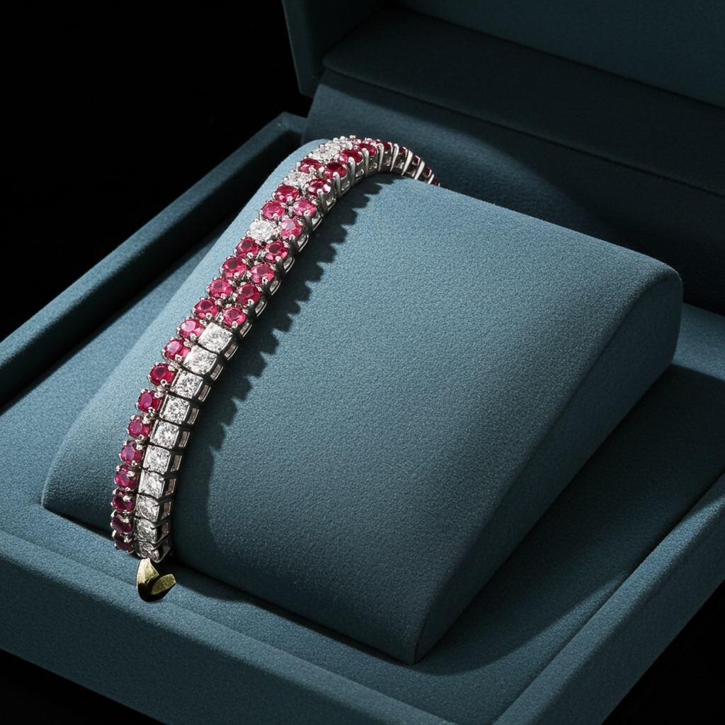 Bracciale tennis in oro bianco e rubino naturali e diamanti naturali 9.00ct