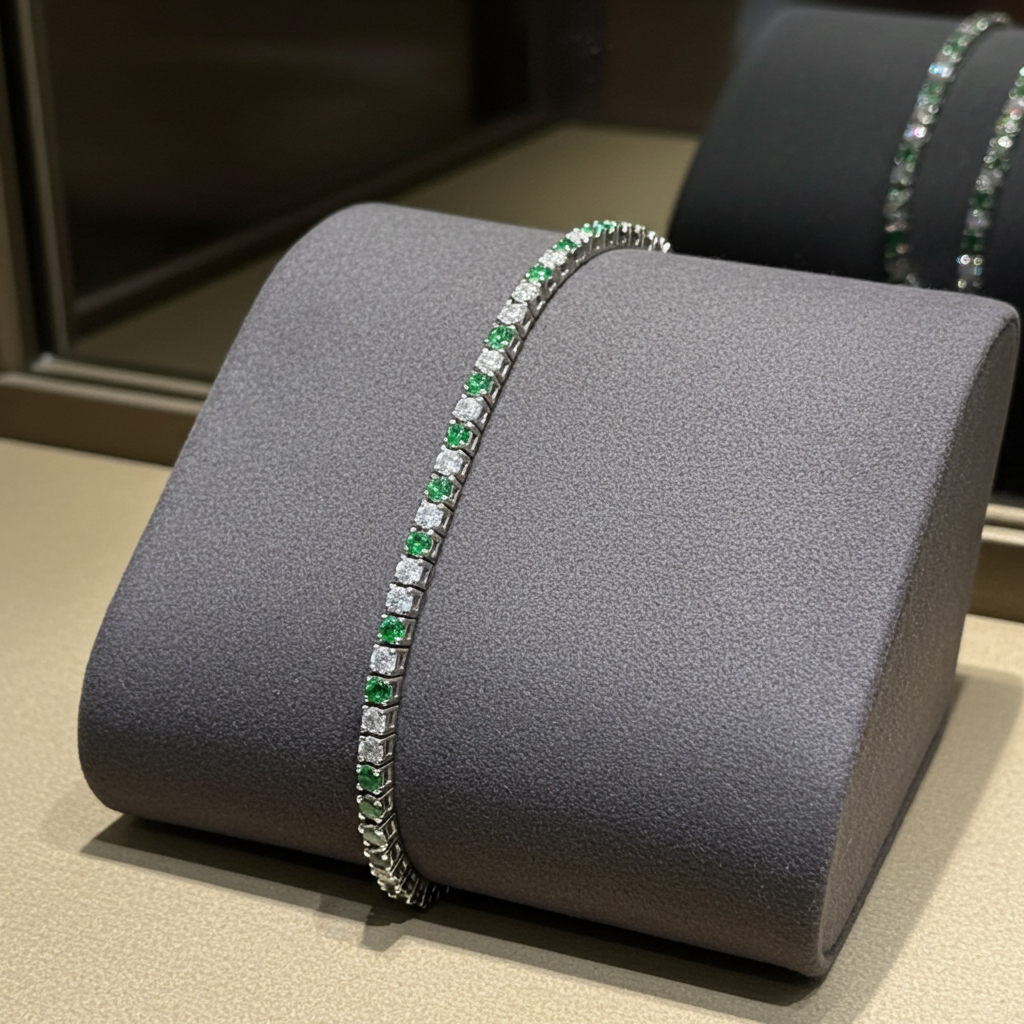 Bracciale tennis - Oro Bianco 18k -  3,50 ct Diamante Naturale e Smeraldo