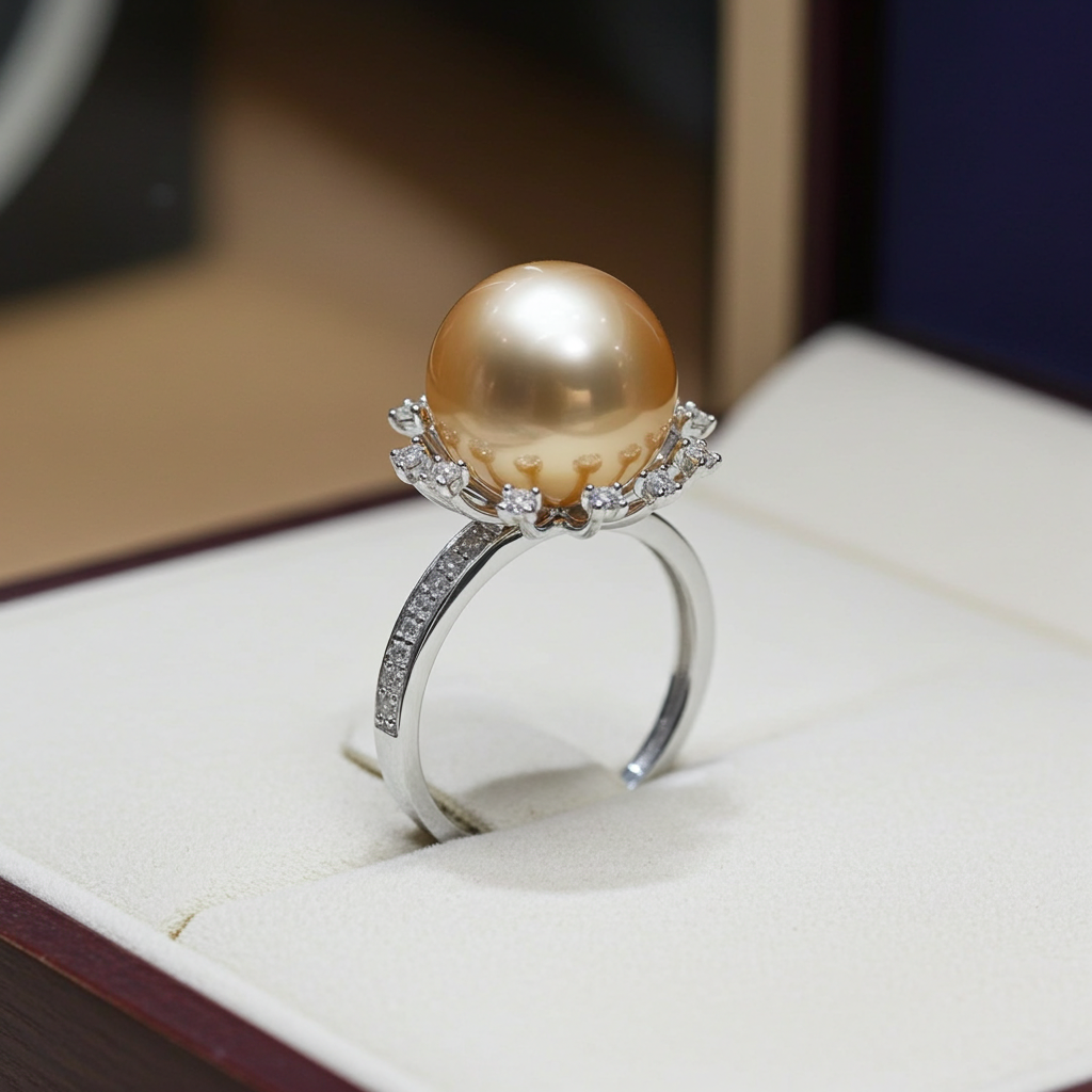 Anello - Oro bianco 18 kt, rotondo, 12  mm - Perle Naturale Australiano - Diamante