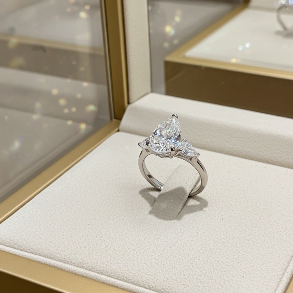 Trilogy ring in white gold with natural pear-cut diamonds 3.10ct