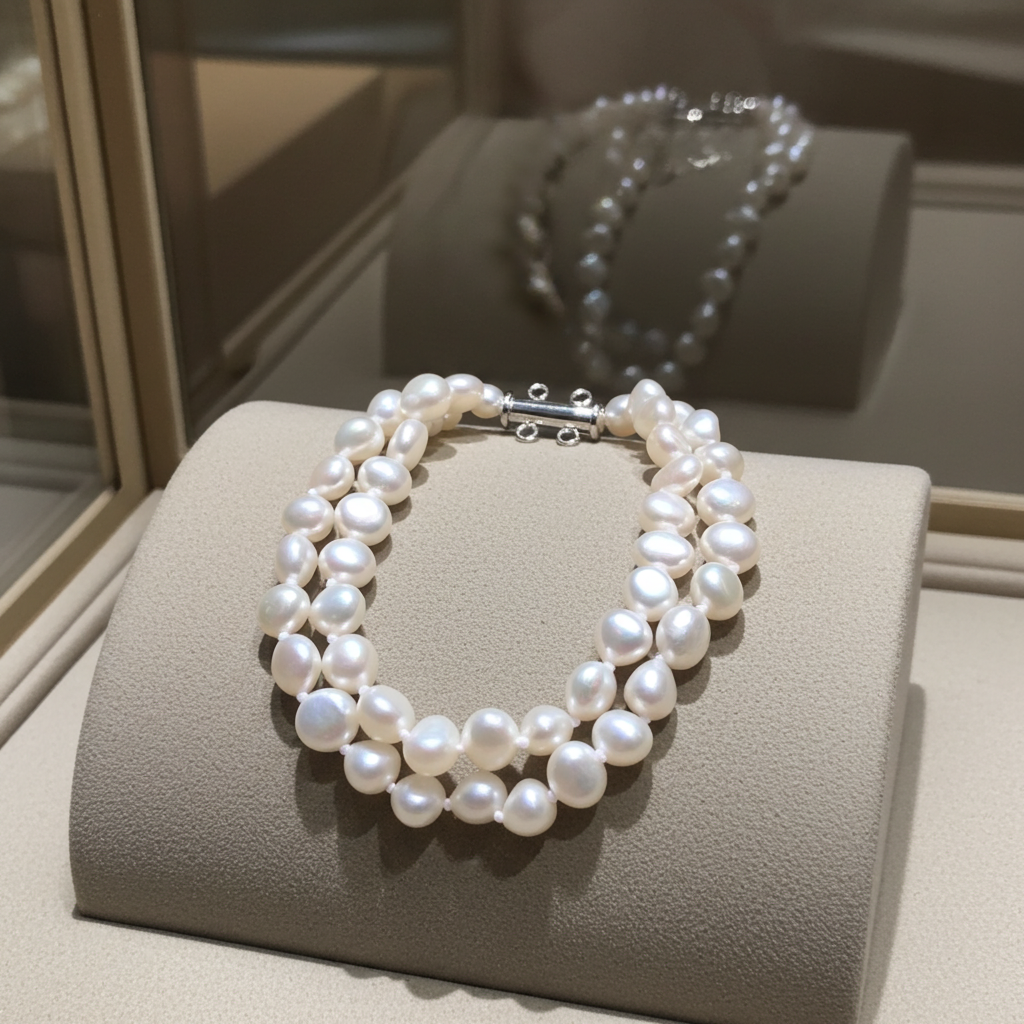 bracciale in oro bianco 18k e 2 fila di perla naturale australiane di 8 mm