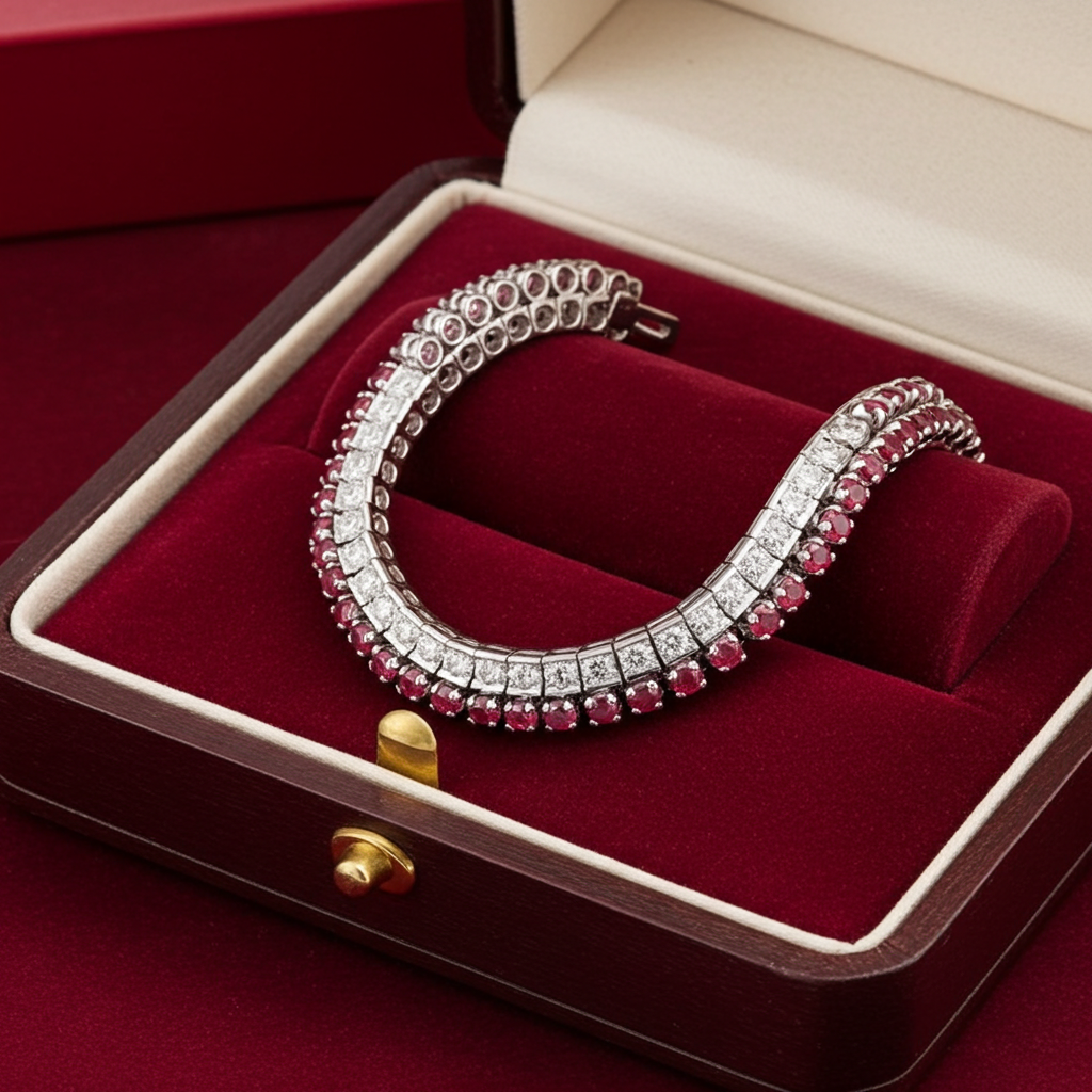 Bracciale tennis in oro bianco e rubino naturali e diamanti naturali 9.00ct