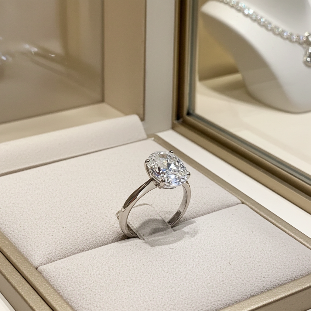 Anello solitario in oro bianco 18k e diamante naturale taglio ovale  2.00ct