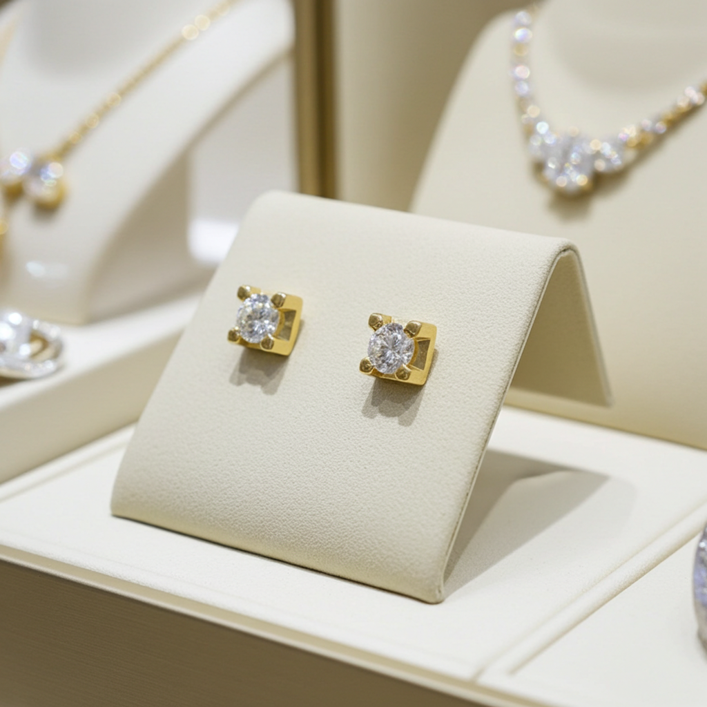 orecchini punto luce quadrato in  oro Giallo e 2 diamanti naturali 0,50 ct