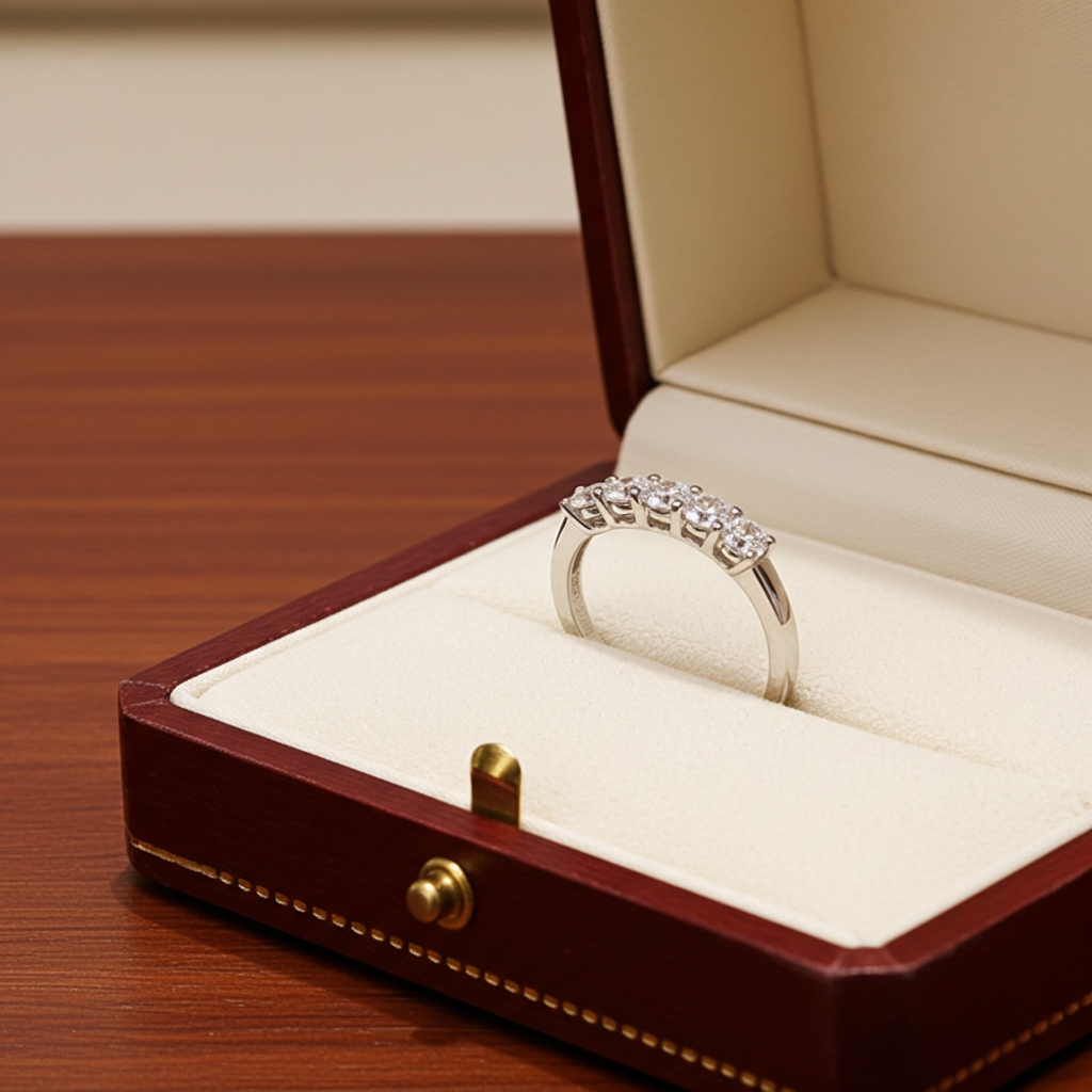 Anello veretta certificato HRD in oro bianco 18k e 5 diamanti naturali  1,25 ct