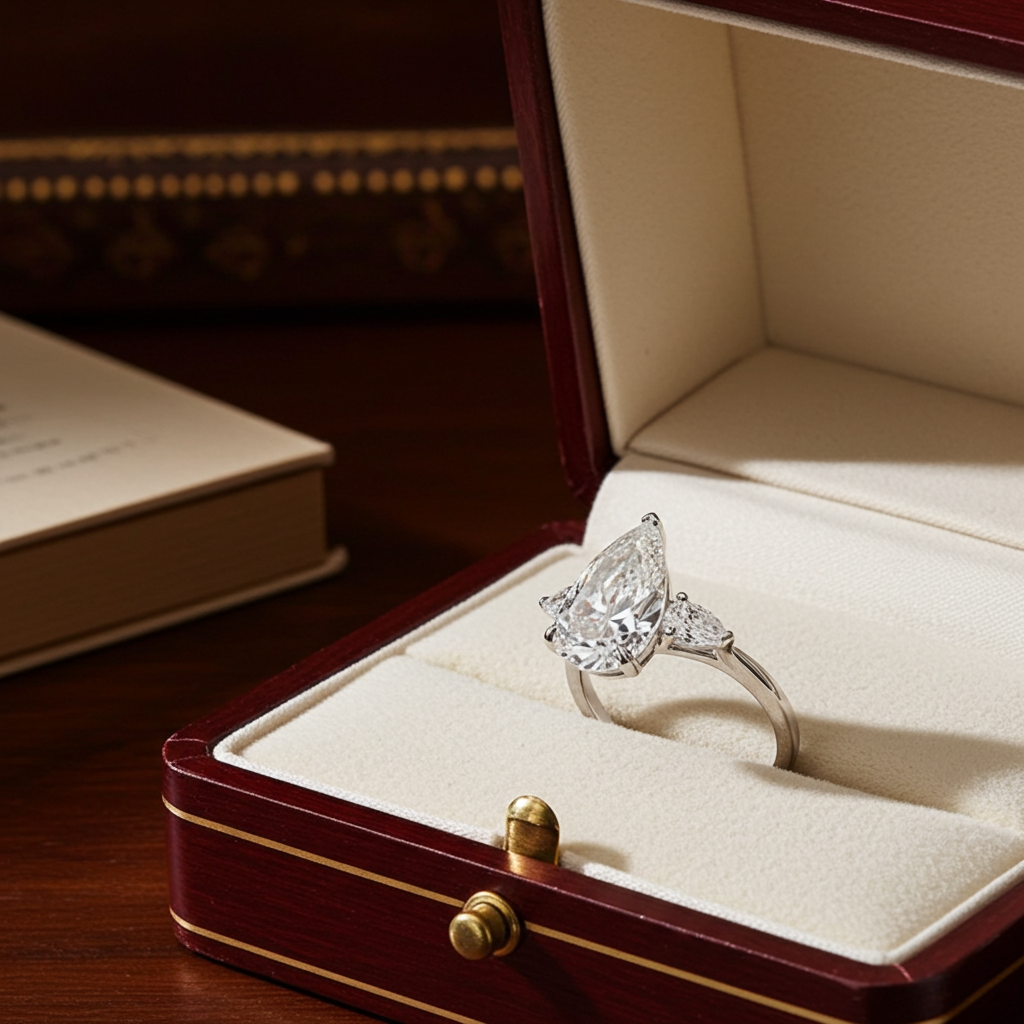 Trilogy ring in white gold with natural pear-cut diamonds 3.10ct