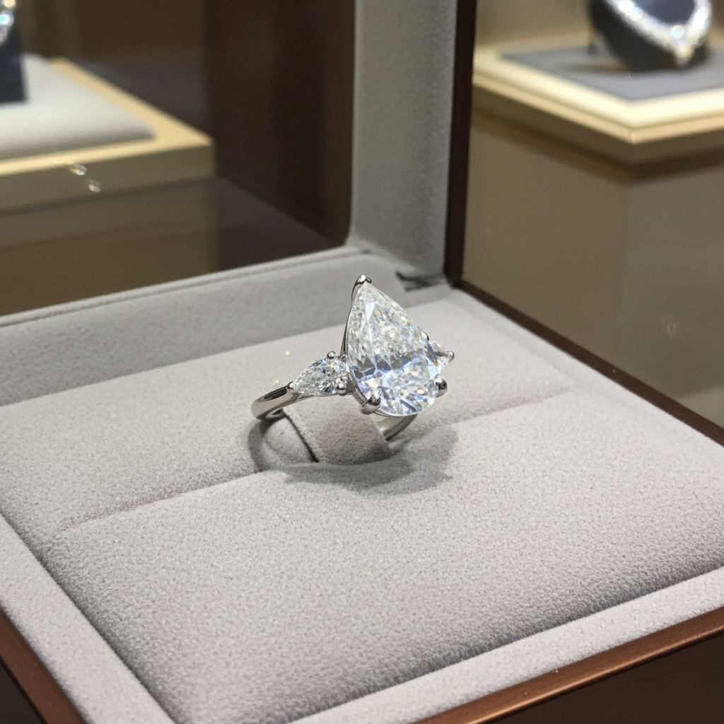Trilogy ring in white gold with natural pear-cut diamonds 3.10ct