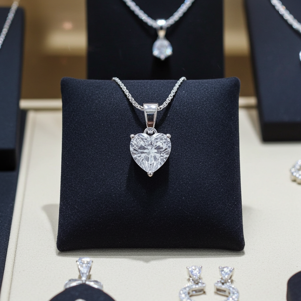 Ciondolo punto luce taglio cuore in oro bianco  e diamante naturale 0,15 ct
