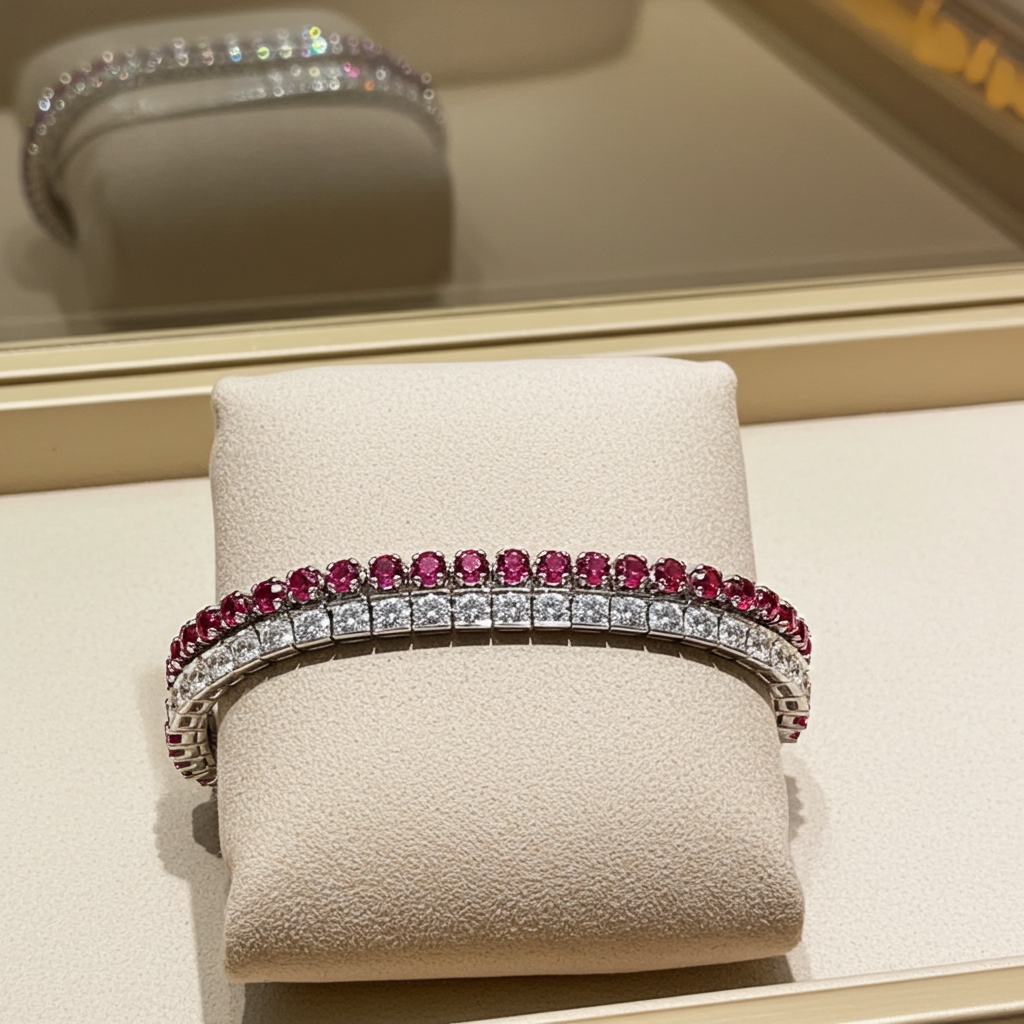 Bracciale tennis in oro bianco e rubino naturali e diamanti naturali 9.00ct