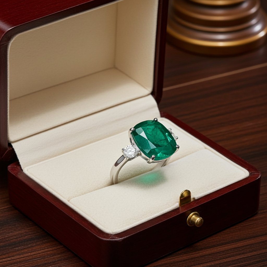 Anello trology in oro bianco e smeraldo 7.30 ct  e diamanti naturali 0.50ct