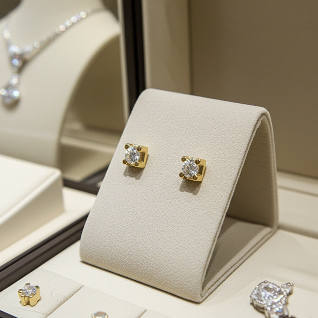 orecchini punto luce quadrato in  oro giallo e 2 diamanti naturali 0,50 ct